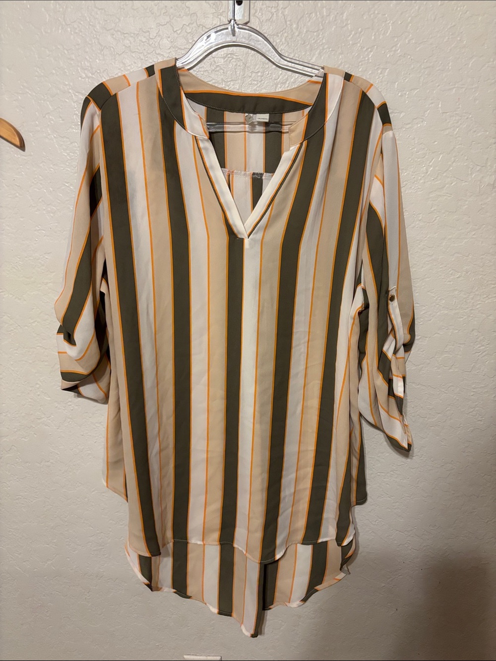 🎼CATO Green & Cream Striped V-Neck Blouse size 14/16 W GUC